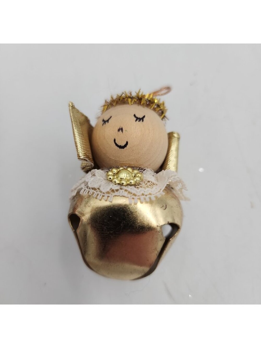 Vintage 70s Wooden Angel Brass Sleigh Bell Christmas Tree Ornament Ornament 2.5"